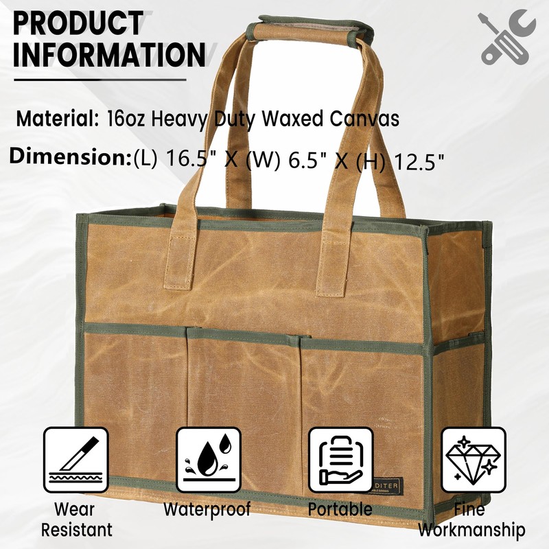 Heavy Duty 16OZ Waxed Canvas Wide Mouth Water-Resistant Tool Bag,Tool