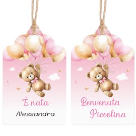 BETESSIN Gift Tags for Birth - Pack of 60 Gift Tags with Bear Motif - Italian Tag Labels - Baby Shower Gift Packaging (Pink)