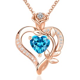 Birthstone Necklace,Heart Necklace for Women with Rose Flower,Sterling Silver Necklace for Wife,Rose Gold Necklace for Her,Birthday Anniversary Christmas Gift for Mom Girlfriend Lady (12-Dec)