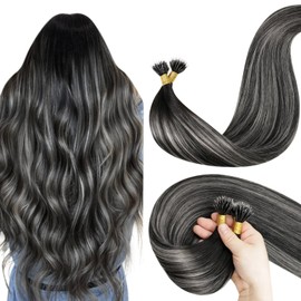 LaaVoo Nano Hair Extensions Real Human Hair Nano Beads Hair Extensions 16 Inch Balayage Natural Black & Silver 50g 50s Invisible Micro Ring Straight Remy Hair #1b/s/1b