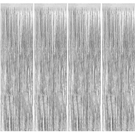 Silver Tinsel Backdrop, 4 Pcs 3.3x6.6Ft Party Streamers Photobooth Backdrops, Metallic Foil Fringe Curtain for Birthday Decorations, Silver Tinsel Birthday Backdrop for Wedding Party Decor