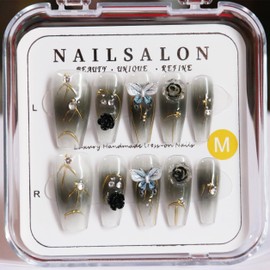 CAMILCY Handmade Nails Press on Nails Coffin Armor Black Hand Painted Reusable Gel UV Finished Pre Shaped False Nails for Women 10pcs 3D Handmade False Nails(Gradient black size L 10Pcs)