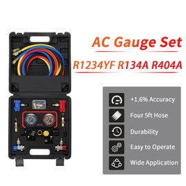 Wells AC R1234YF Gauge Set 4 Way AC Manifold Gauge Set R1234YF R134A R404A Only 1/2 Acme Refrigerant HVAC Tools with 5ft Hoses, Couplers Puncture, Can Tap, Works on Car Freon Charging and Evacuation