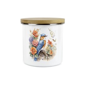 Purely Home Nuthatch Bird Kitchen Herbal Tea Storage Canister - Floral Nature Animals Wildlife Metal Enamel Hot Drinks Storage Container