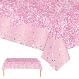 2pcs Pastel Pink Table Cloth Party Disposable Tablecloths,137 x274cm Shiny Glitter Diamond Pink Party Rectangular Dining Table Cover Baby Pink Tablecloths for Baby Shower,Wedding,Birthday Party Décor