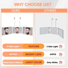 3 Way Mirror with 3 Colors Light, Rechargeable Self Cut Mirror Trifold Mirrors, Adjustable Barber Mirror Telescoping Hooks for Self Hair Cutting, 360 Mirror for Men Shaving Women Dyeing(White)