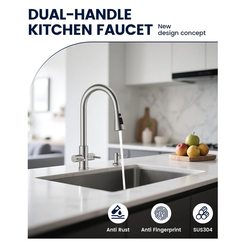 DAYONE 2 Handle Kitchen Faucet with Soap Dispenser, Two-Handle Kitchen