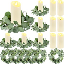 VIHOSE 6 Set Candle Rings Artificial Eucalyptus Leaves Wreaths with Flameless Candles Sets Boho Wreath Pillar Candleholders LED Pillar Battery Table Centerpieces for Wedding Home Party Decor