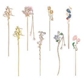JIEYUMAO 8Pcs Flower Hair Sticks, 8 Styles Metal Chinese Hair Sticks with Pendants, Minimalist Vintage Hair Chopsticks Flower Hair Chopsticks Vintage Hairs Sticks for Women Long Hair