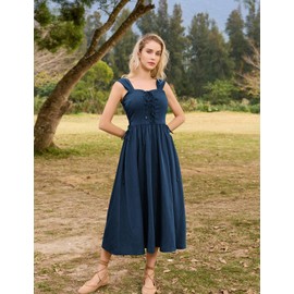 Scarlet Darkness Women Summer Sundress Sleeveless Lace Up Casual Flared Dress Navy Blue L