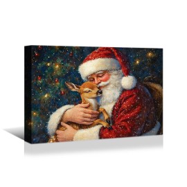 Christmas Canvas Murals Horse Drawn Sleds Santa Claus Christmas Trees Rural Style Home Decor Hanging Paintings Decorationscolor: Brown, size: 32*24in