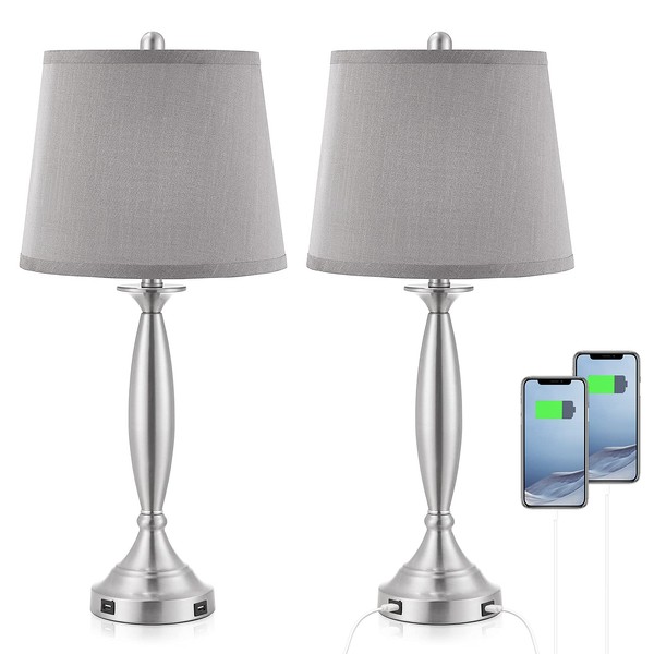 Seealle Modern USB Table Lamp Set of 2 27.9" Table Lamps for Living Room Table Top with USB Ports Matte Nickel Body Bedside Lamp Set of 2 with Grey Drum Lampshade for Bedrooms Table End Table