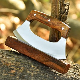 Ulu Knife – Hand Forged Premium Stainless Steel Rocker Pizza Cutter & Kitchen Chopper – Viking-Inspired Cleaver with Rose Wood Handle & Sheath – Multipurpose Chef Knife for Meat, Herbs & Camping