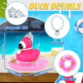 Flamingo Rubber Duck Car Ornaments Squeaky Pink Duck Car Dashboard Decorations Party Favors Ducky with Mini Crown Pearl Necklace,Pink Swim Ring