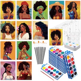 Ctosree 12 Pack Pre Drawn Canvas Kit 12 Pcs Pre Printed Canvas Painting 12 Pcs Watercolor Paint Include Brushes and Pallets Pre Drawn Canvas to Painting for Adults DIY(8 x 10 in,Elegant Lady)