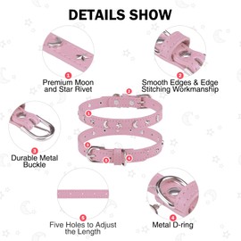 DILLYBUD Leather Dog Collar for Puppy Small Medium Dogs, Adjustable Star and Moon Studded Pet Collars with Rust-Proof Metal Buckle and Charms, XS S Dog Collars for Boy and Girls, Size 14-17" Pink