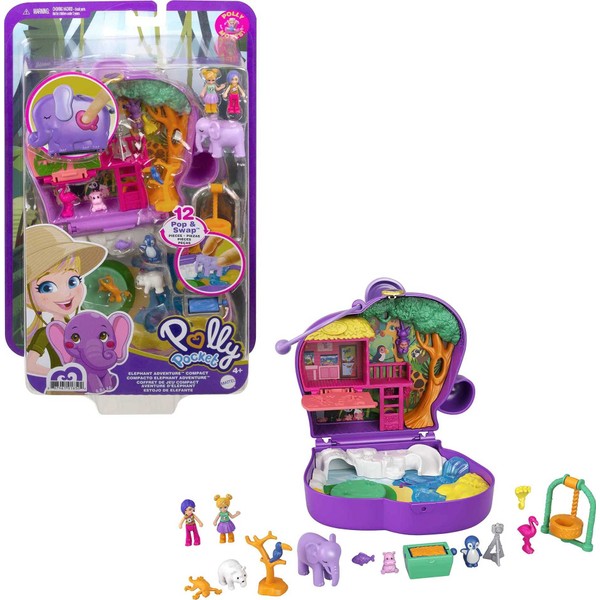 Polly Pocket Elephant Adventure Compact, Animal Theme with Micro Polly & Bella Dolls, 5 Reveals & 12 Related Accessories, Pop & Swap Feature, Great Gift for Ages 4 Years Old & Up, GTN22