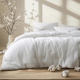 Bedsure White Queen Comforter Set - Soft Stripe Bedding Set for All Seasons, Fluffy Bed Set 3 Pieces with 1 Waffle Weave Comforter Queen Size and 2 Pillow Shams