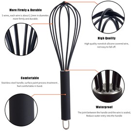 GorGin high temperature and easy to clean silicone whisk, stirrer, 10 inch, grip good grip design for Blending Whisking Beating Stirring Cooking Baking (1 Pack | black)