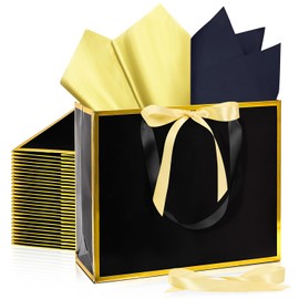 MUNILAIL 12 Pcs Black and Gold Gift Bag with Handles, 13 Inches Large Gift Bag with Tissue Paper Bow Ribbon for Christmas Wedding Baby Shower Birthday Black Paper Gift Bag