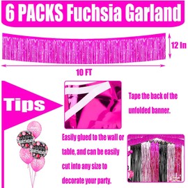 6 Pack 10 Feet Foil Fringe Garland Wall Hanging Fringe Curtain Backdrop Banner for Parade Floats, Bachelorette, Wedding, Birthday Party Decorations(Fuchsia)