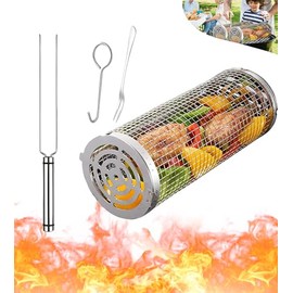Rolling Grilling Baskets for Outdoor Grill Bbq Stainless Steel Round Barbecue Net Tube Mesh Cylinder Cage Cooking Accessories for Camping, Gift for Men Dad Him Father