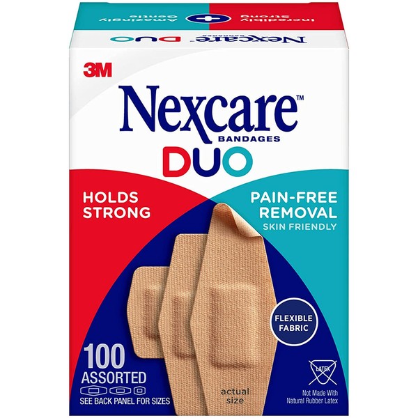 Nexcare Duo Flexible Fabric Bandages, Holds Strong Up to 24 Hours, Pain Free Removal, Assorted Ready for Anything, 100 Count