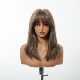 Allbell Brown Bob Wig with Curtain Bangs Brown Mixed Blonde Wig Shoulder Length Hair Layered Wig Natural Synthetic Wigs for Black Women