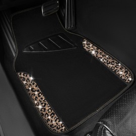 CAR PASS Bling Diamond Car Floor Mats, Shining Rhinestone Carpet Sparkly Glitter Crystal with Anti-Slip PVC Heel Pad Waterproof Universal Fit Automotive SUV,Sedan,Van,Cute Girl Women,4pcs Gold Leopard
