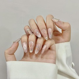 Press-On Nails, Long almond Shape, Handmade Rhinestone Silver Cat Eye Design, Shiny Color, Soft Gel-On False Nails, 10pcs Set for Women, Great for Parties, Easy to Use, At-Home Manicure