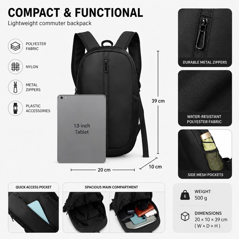 Compact Lightweight Backpack for Daily Use – Multi-Compartment Daypack for
