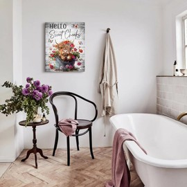 Highland Cow Wall Art Rustic Farmhouse Floral Cow Canvas Pictures Wall Decor Country Animal in Bathtub Prints Painting Framed Artwork for Bathroom Bedroom Living Room Home Decorations 12"X16"