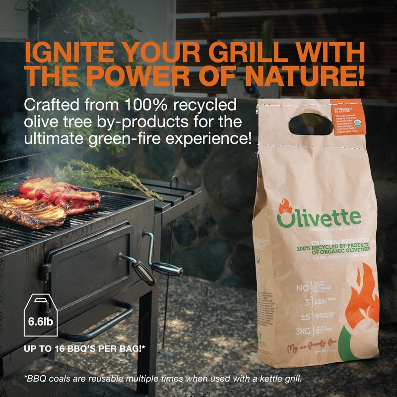 Organic Charcoal Briquettes by Olivette, Reusable Charcoal for Grilling, USDA