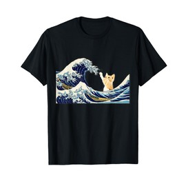 The Great Wave with Large Cat T-Shirt for Men Women Girls Kids