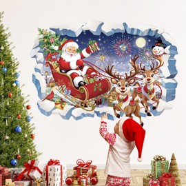wondever 3D Christmas Wall Decals Santa Claus and Reindeer Snowman Window Christmas Wall Decor Sticker Decal for Window Reindeer Christmas Decorations Indoor Xmas Home Party