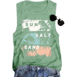 Sun Sand Salt Summer Vacation Sleeveless for Women Beach Aloha Workout Tank Tops Palm Tree Graphic Tee, Light Green M