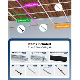 32 Sq.Ft Drop Ceiling Grid System kit, Whtie Galvanized Steel Suspended Drop Ceiling Grid Complete kit for Basement Kitchen