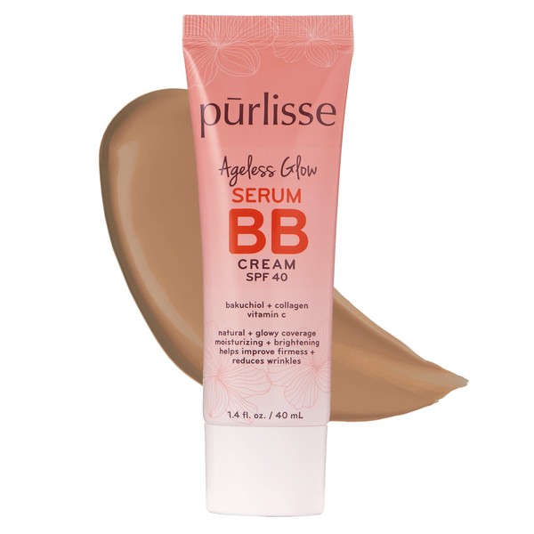 purlisse Ageless Glow Serum BB Cream SPF 40 : Clean & Cruelty-Free, Full & Flawless Coverage, Hydrates with Collagen | Tan 1.4oz