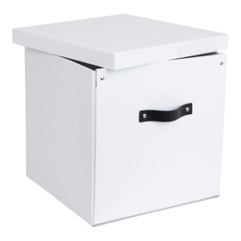Bigso Box of Sweden Logan Storage Box KD | Cubes with Lid for Shelves and Cubical Room Organizers with Leather Handle for Organization | 12.4" x 12.4" x 12.2" (White)