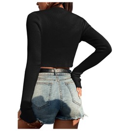 SHENHE Women's V Neck Ribbed Knit Tie Front Cropped Plain Long Sleeve Cardigan Outwear, Black, Small