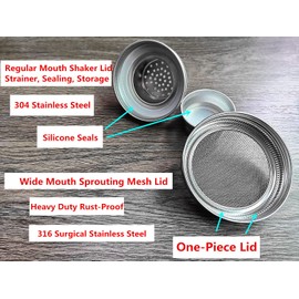 Mason Jar Sprouting Mesh Lid 316 Stainless Steel Sealing Storage Shaker Lid Kit for Storage & Strainer Spice Flour Salad Sprouts Alfalfa Broccoli Seeds Sprouter Lids 2 Pack