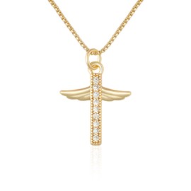 SUPJEWE Stylish Glow 14K Gold Cross Pendant Necklace with Cubic Zirconia,Angel's Wings Pattern Cross Necklace,Chain 17.7 Inch,Hypoallergenic Lightweight Design, Cubic Zirconia