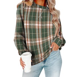RUMIA Sweatshirt for Women Fall Fashion Clothes Crewneck Fall Outfits Tops for Women 2025 Pullover Long Sleeve T Shirts Green Plaid XL