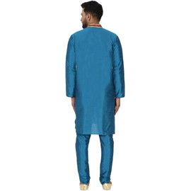 SKAVIJ Men's Art Silk Embroidered Kurta Pajama Set Woven Design Festive Party Dress (KP027turquoise_Turquoise_M)