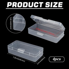 BENECREAT 4pcs Rectangle Plastic Container Box, 18.5x9x4.6cm Clear Storage Organizer with Hinged Lid and Hanging Hole for Small Craft Accessories Office Supplies