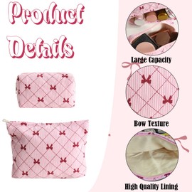 LYDZTION 2PCS Cute Corduroy Makeup Bag for Women, Small Makeup Bag Set Travel Toiletry Bag Coquette Cosmetic Bag Bow Makeup Bag Portable Versatile Zipper Pouch-Pink