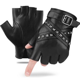 FIORETTO Men’s Fingerless Leather Gloves – Sheepskin Half Finger Driving Gloves for Motorcycle, Punk Style, Unlined & Breathable， Black Large