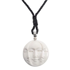 81stgeneration Women's Men's Hand Carved Bone Three Face Triple Moon Eyes Shut Pendant Necklace