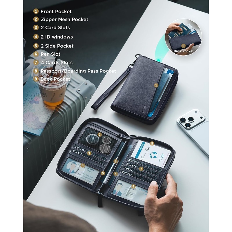 VULKIT Porta Pasaporte de Cuero con Bloqueo RFID y Correa