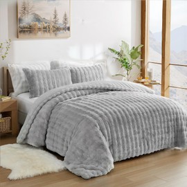 Bedbay Fluffy Grey Faux Fur Comforter Cover,Queen Duvet Cover 3 Pieces,Soft Fluffy Fuzzy Plush Bedding Set,Grey Plush Shaggy Faux Fur Quilt Cover Velvet Bedding Set with Zipper Closure